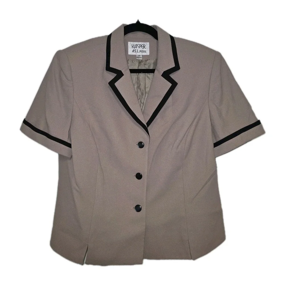 🧥 Kasper A.S.L. Petite 2-Piece‎ Skirt Suit Taupe/Black Trim Career 14P 🖤
